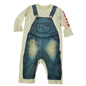 Levis Baby Boys Trompe L'oeil Denim Overalls Print Romper Cream 6-9M Long Sleeve